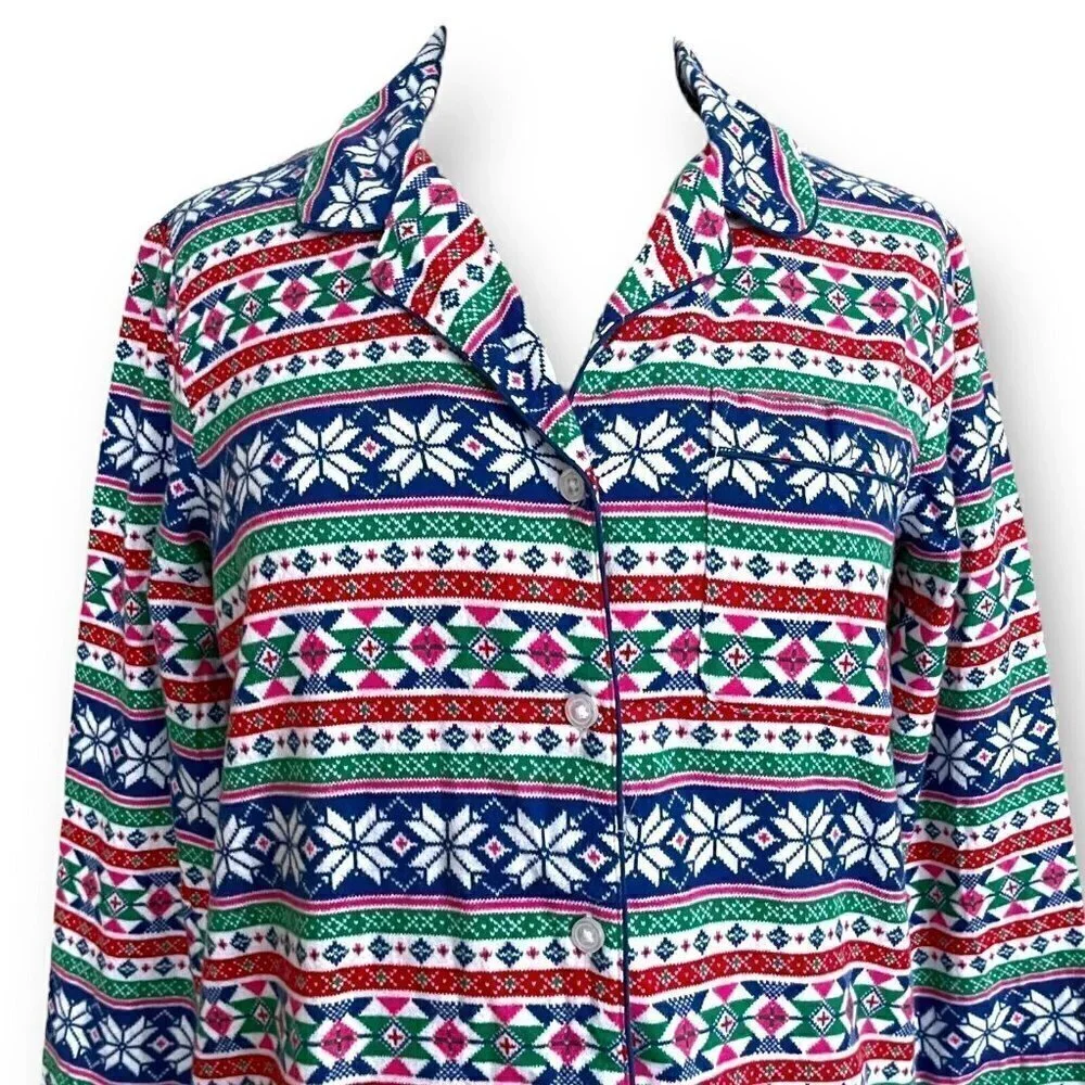 Lands End Womens Nightgown XS 2 4 Cotton Flannel Fair Isle Print Nightshirt PJs